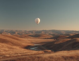 Hot air balloon over golden hills