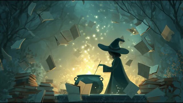Witch brewing magical potion in a glowing cauldron surrounded by floating spell books