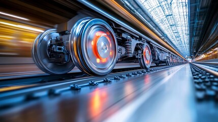 High Speed Rail Wheels in Motion on Gleaming Tracks, Symbolizing Innovation and Transport Speed
