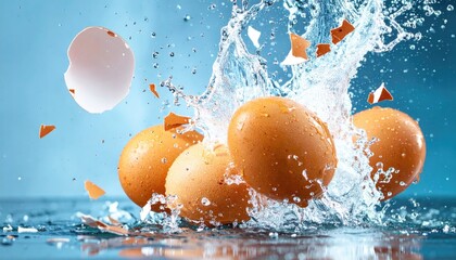 Eggs surrounded by a dynamic water splash and floating shell pieces, set against a gradient blue backdrop, create a vivid, kinetic food still life