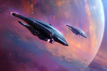 Fototapeta premium Two sleek starships docking in orbit around a colorful gas giant planet, vibrant cosmic background.