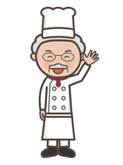 元気に挨拶をするベテラン男性シェフの全身イラスト