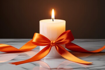 Burning candle with vibrant orange bow, perfect for elegant occasions and celebrations