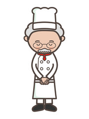 頭を下げて謝るベテラン男性シェフの全身イラスト