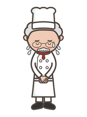 冷や汗をかいて謝罪するベテラン男性シェフの全身イラスト
