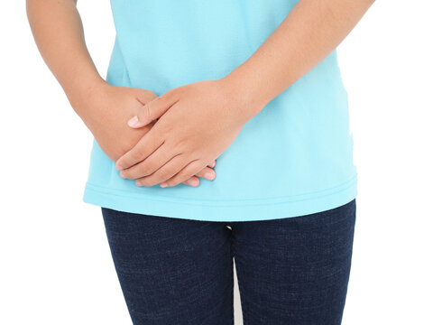 Young woman suffers lateral abdominal pain due to salpingitis. health and medical concept. 