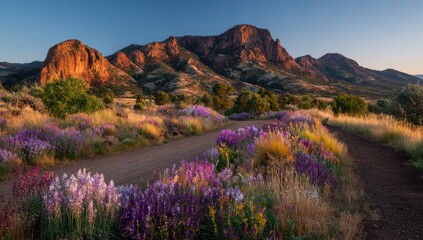 Dusty road winding through vibrant wildflowers, bathed in morning light, leading to reddish-brown mountains