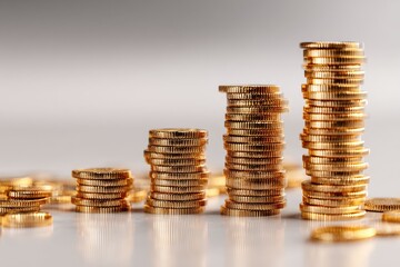 Gold coins stacked in ascending order on a light background