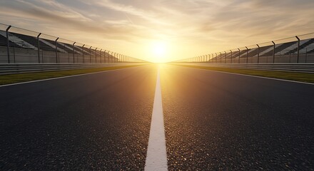 Naklejka premium Race Track Sunset: Golden Hour Asphalt and Dramatic Sky