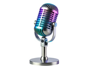 Retro Silver Microphone with Colorful Neon Light Reflection on Stand Isolated on Transparent