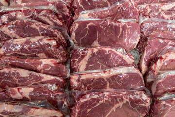 Stockholm, Sweden Vacuum-packed entrecote beef at a supermarket deli.