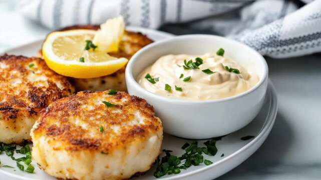 Crispy fish cakes with lemon slices, creamy sauce, and fresh herbs for delightful meals