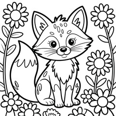 Obraz premium Adorable cartoon fox sitting amongst flowers coloring page vulpine animal