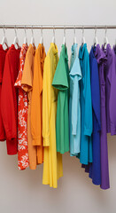 A visually striking display of colorful clothing arranged in a rainbow gradient on hangers. Represents fashion, style, wardrobe organization, retail display, vibrant design, and modern clothing trends