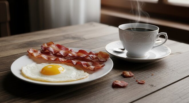Classic breakfast scene with crispy bacon, fried egg, and steaming cup of coffee - Powered by Adobe