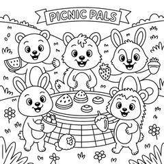 Fototapeta premium Adorable woodland animals enjoying a picnic together with food forest bear