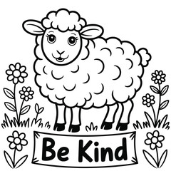 Black and white cartoon sheep with " Be Kind" message and flowers lamb wool