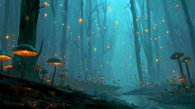 Spooky forest with glowing mushrooms and floating ghost lights, misty atmosphere