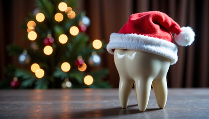 Tooth with Santa hat in dental office, Christmas holiday dentistry concept