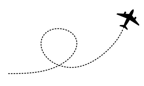 Airplane icon with dashed loop path illustration. Plane symbol flying with dotted line route. Design for travel.