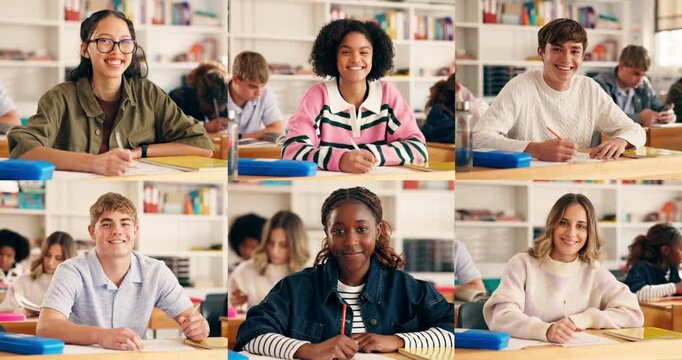 Face, student and group in classroom, collage or writing exam, growth or development with education. Montage, teenager and learner with test in high school, confident and knowledge for assignment