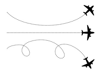 Airplane with dotted line route. Vector illustration. Flying plane with twisted, curved and straight dashed path. © Maxim Filitov