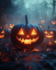 Spooky Halloween pumpkins glow in the dark, creating a festive atmosphere for autumn celebrations.