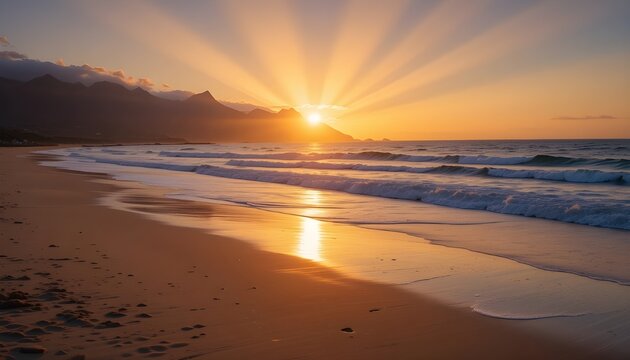 Golden evening rays over Plettenberg Bay beach with mountains at sunset.