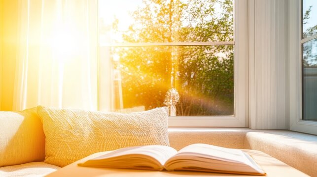Cozy Reading Nook with Sunlit Window, Soft Pillows, and a Book to Create a Peaceful Retreat Space