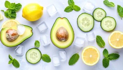 Overhead shot Half avocados, lemon slices and whole, cucumber slices, ice cubes, and mint leaves are arranged on a pale, textured surface