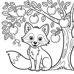 Coloring page of a fox sitting under an apple tree with ripe apples cute cartoon
