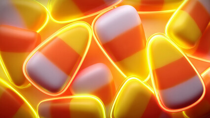 Candy corn with neon glow creates festive halloween party atmosphere with bright orange yellow and white colors