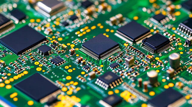 Close-up of a Green Circuit Board with Integrated Circuits and Components