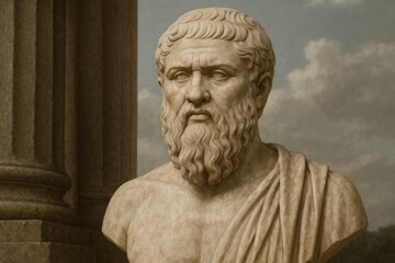 Naklejka premium Ancient philosopher marble statue outdoors.