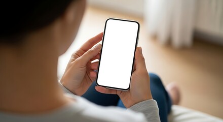 Over the shoulder view of a woman sitting on a sofa and holding a smartphone with a blank white screen for mockup
