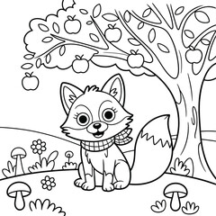 Cute cartoon fox sitting under an apple tree in black and white animal illustration