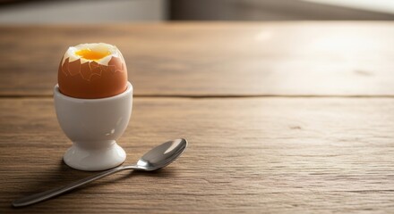 Soft Boiled Egg Ready to Eat on Wooden Table with Sunny Morning Breakfast Scene