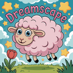 Naklejka premium Cute pink cartoon sheep floating in a dreamscape with stars and clouds pink sheep
