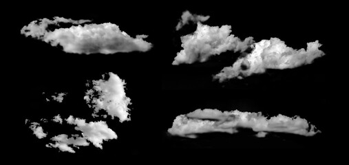 Black background with several white clouds. Set for design of banners and collages with nature and natural subjects. Abstract brushes of steam rain cloud.