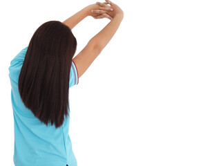 Young woman standing and stretch oneself on white background.