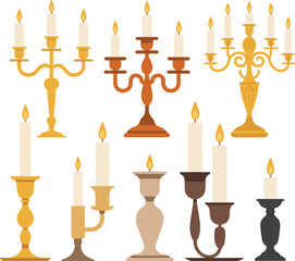 Candle holder cartoon set, lit candles collection, ornate and simple designs, gold and bronze styles, decorative lighting icons, vintage decor, ceremonial ambiance