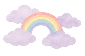 Vibrant watercolor rainbow arcing above pastel purple clouds, rendering ethereal landscape with delicate gradient coloration