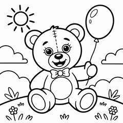 Naklejka premium Outline drawing of a teddy bear holding a balloon with sun and clouds stuffed animal