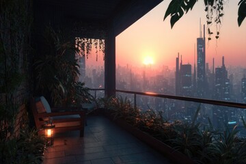 Fototapeta premium balcony, glowing plants, view of futuristic skyline at sunset.