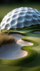Extreme macro: golf ball dimples morph into sand dunes and green contours; pearlescent sheen, fine grass strands, rim-lit, shallow depth, soft glow, tranquil, otherworldly.