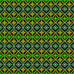 seamless geometric pattern
The symmetrical layout and handcrafted pixel texture evoke ethnic textile aesthetics, making it ideal for use in fabric prints, wallpapers, packaging, and cultural-themed