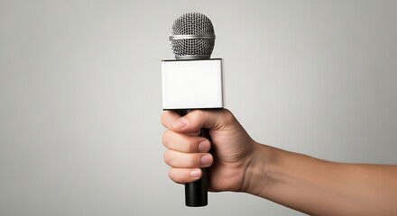 Close-up shot of a human hand holding a professional broadcast microphone with a blank white flag, ready for an interview or press conference