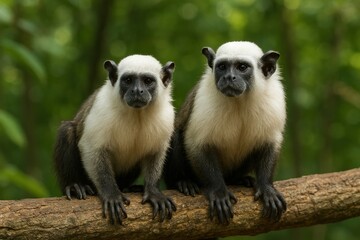 Obraz premium White monkeys perched on branch.