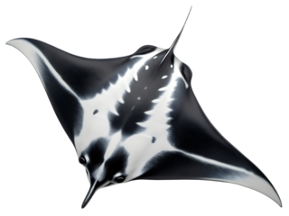 A captivating close up of a manta ray with black and white markings against a black background