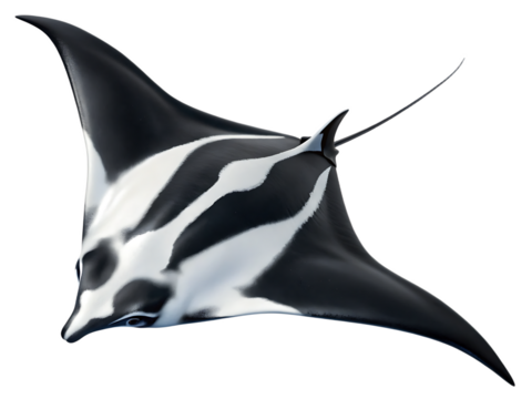 Isolated black and white manta ray with distinctive markings swimming in a dark background view from above